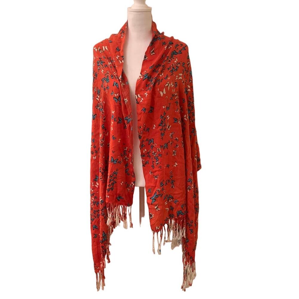 Very Soft Red Orange Women's Wrap Shawl with Butterflies, Fringe Edge, 66" x 28"